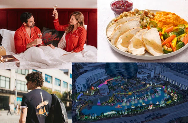 Couple in hotel bedroom with man in Hard Rock T-shirt, Hard Rock Cafe food plate, and Guitar Hotel.
